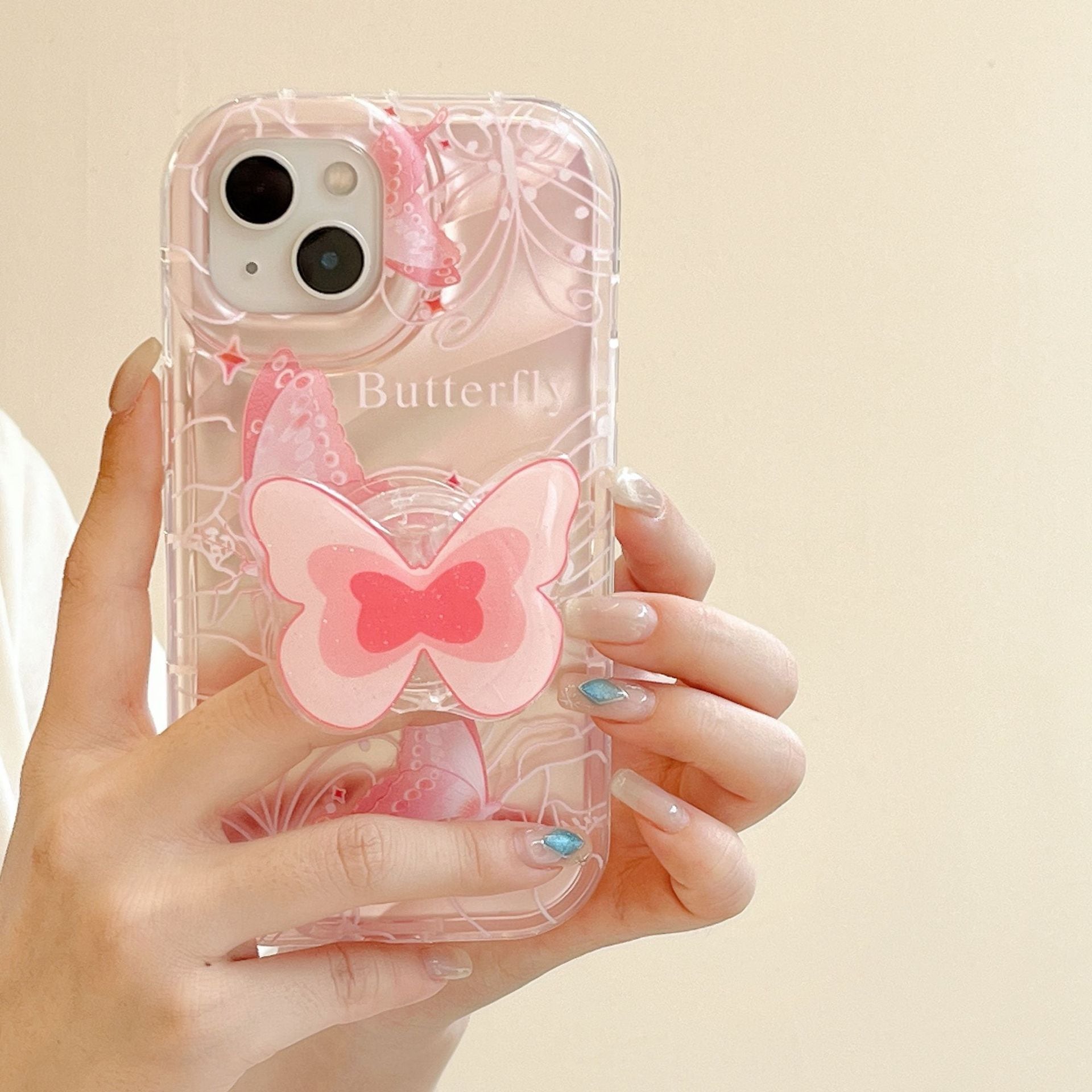 【Iphone15】フレームフラワーとバタフライデザイン【ソフトケース】 iPhone15対応】可愛いピンクバタフライ◎水紋デザイン クリアケース