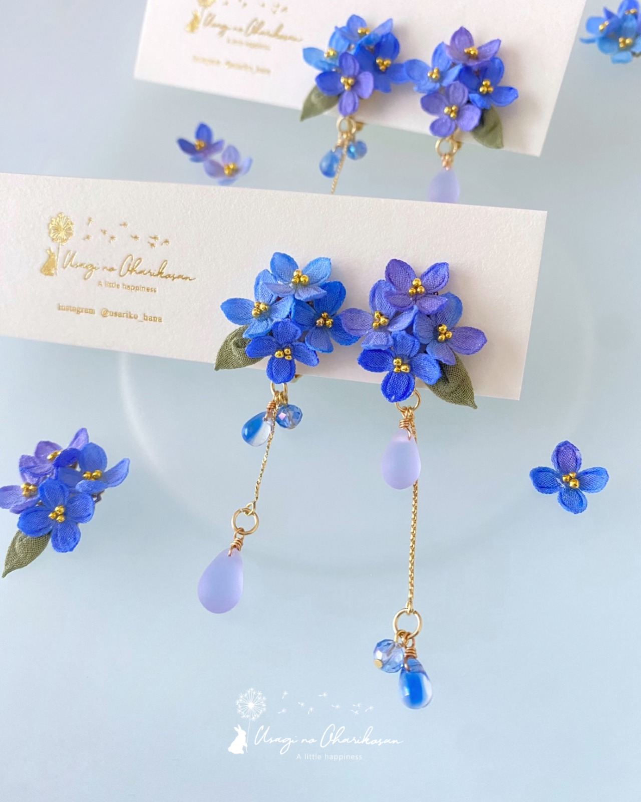 No.308 紫陽花 藍色 本物のお花のピアス イヤリング （リアルタッチの  