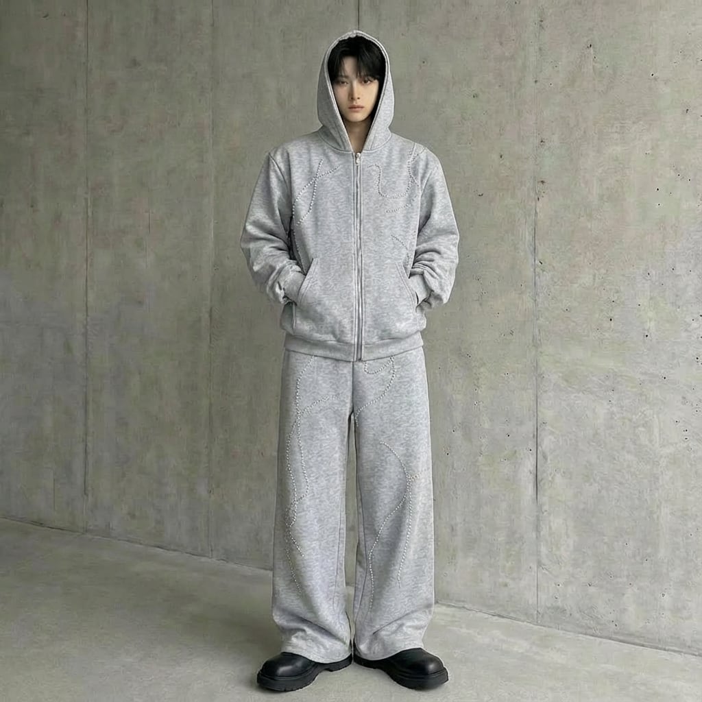 ビーズデザインパーカー&ワイドパンツツーピース 2カラー D11874