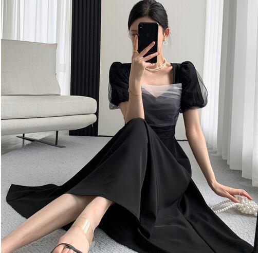 ワンピース フレアワンピース ワンピドレス 膝下 ミモレ ミモレ丈 半袖 パフスリーブ Vネック フレア スリム タイト 細身 裾ワイド チュール ハイウエスト 透け感 異素材MIX 大人可愛い きれいめ シンプル 大人 上品 おしゃれ エレガント フォーマル 無地 春 夏 秋 冬 オールシーズン シーズンレス 謝恩会 結婚式 二次会 披露宴 10代 20代 30代 40代 レディース お出かけ パーティー イベント 美脚 脚長 M L XL 2XL 3XL 4XL 大きいサイズジャスト ブラック