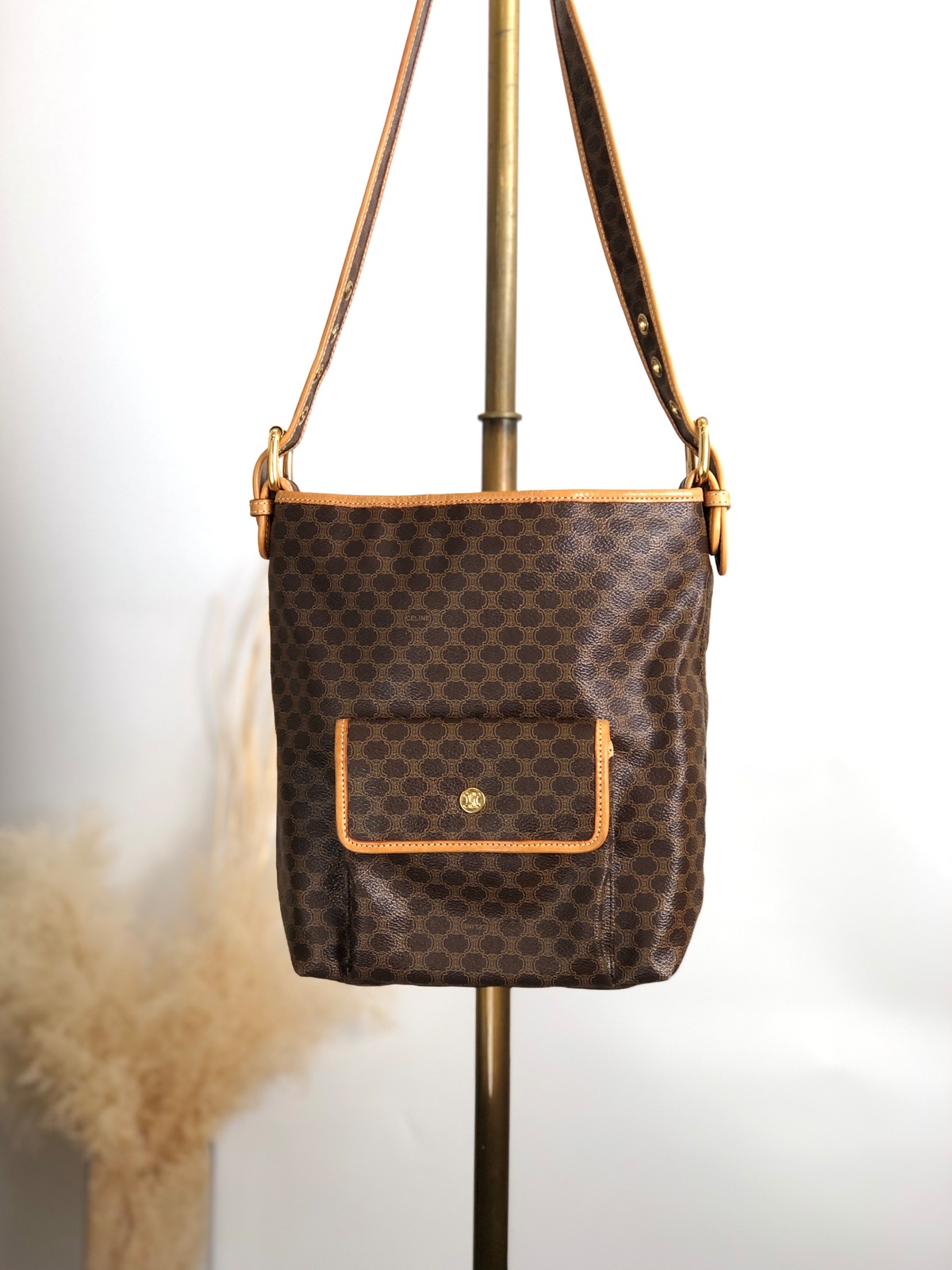 CELINE セリーヌ マカダム ショルダーバッグ ブラウン PVCレザー 