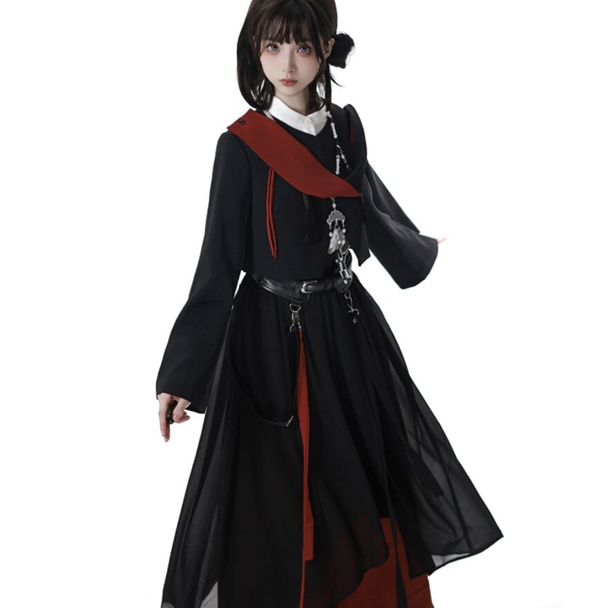 地雷系|黒の奥から赤が揺れるレイヤードデザインワイドパンツ|SEASONZ