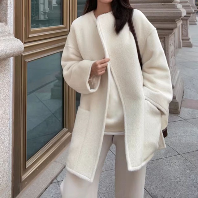 アルパカシャギー　ノーカラー　ゆったりコート〈３カラー サイズS-M〉