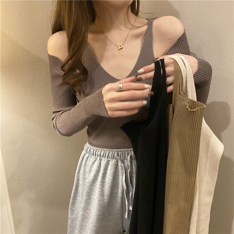 ニット シャツ スプリングクロップドセーター トップス 春物 オフショルダー ブラックストロベリース27676472302