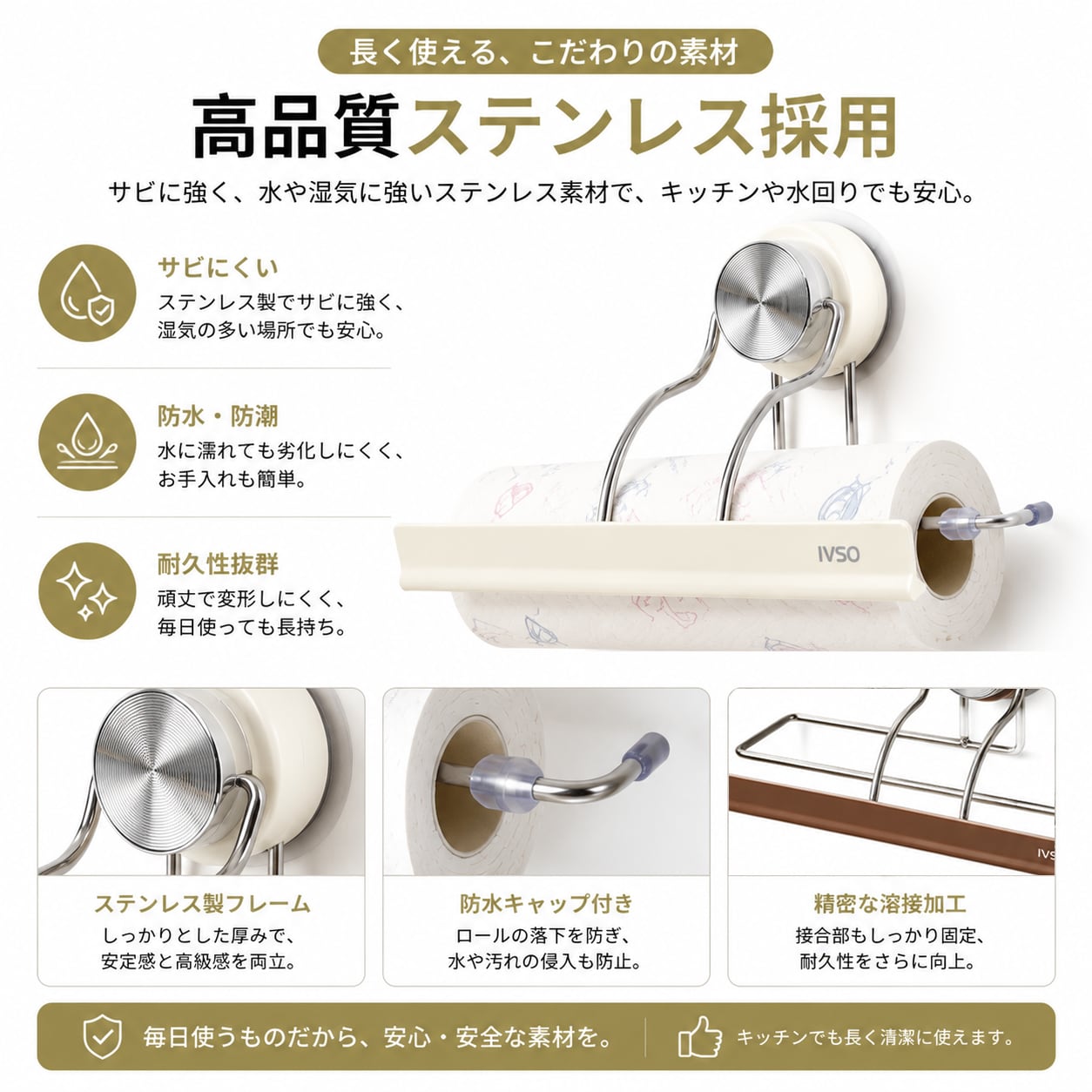 片手で切れる！キッチンペーパーホルダー付き キッチンラック スパイスラック 収納 J157.片手で使えるキッチンペーパーホルダー 壁掛け式 自動カット