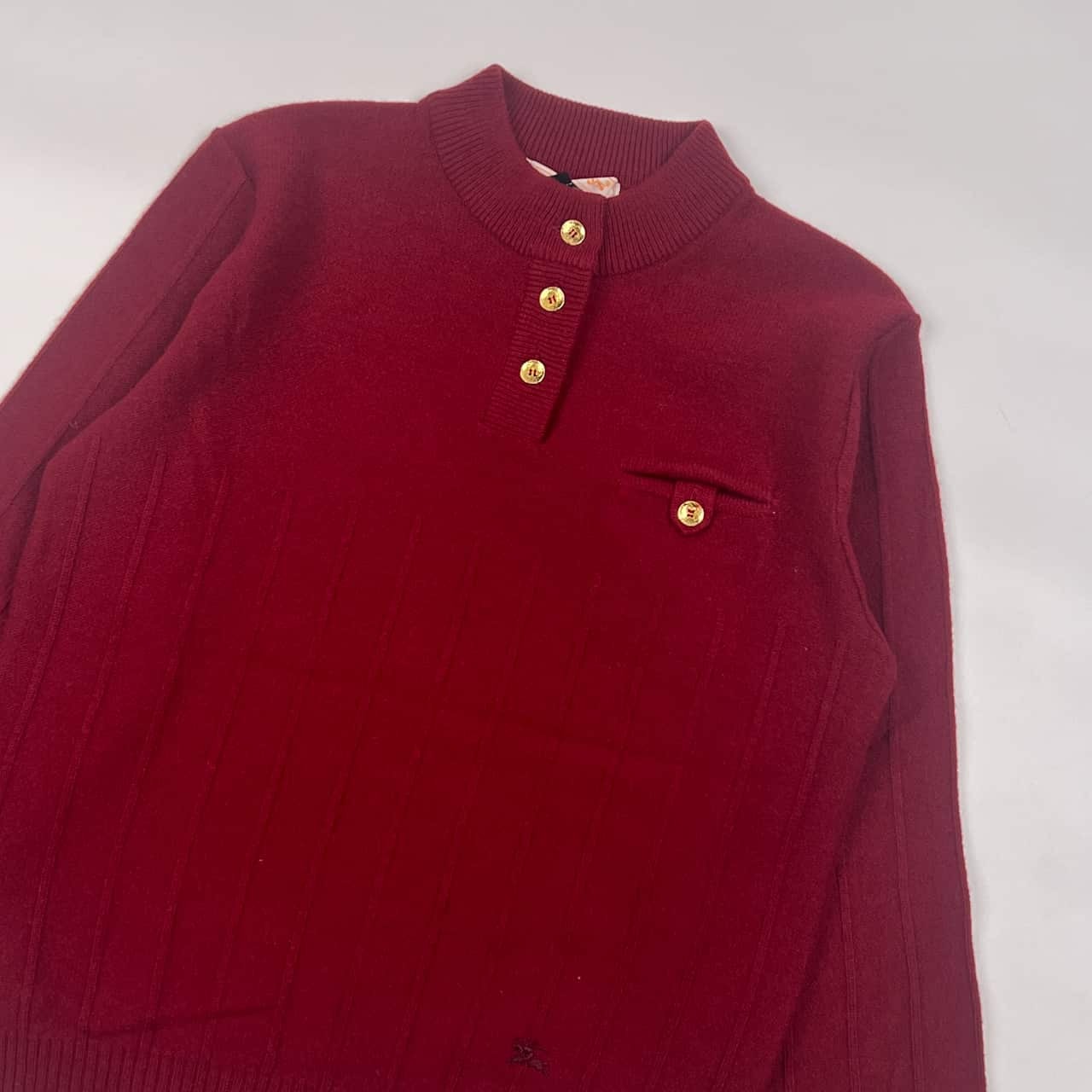 90s BURBERRY バーバリー ハーフボタン 金ボタン ウール ニット セーター M/ワインレッド レディース ビンテージ