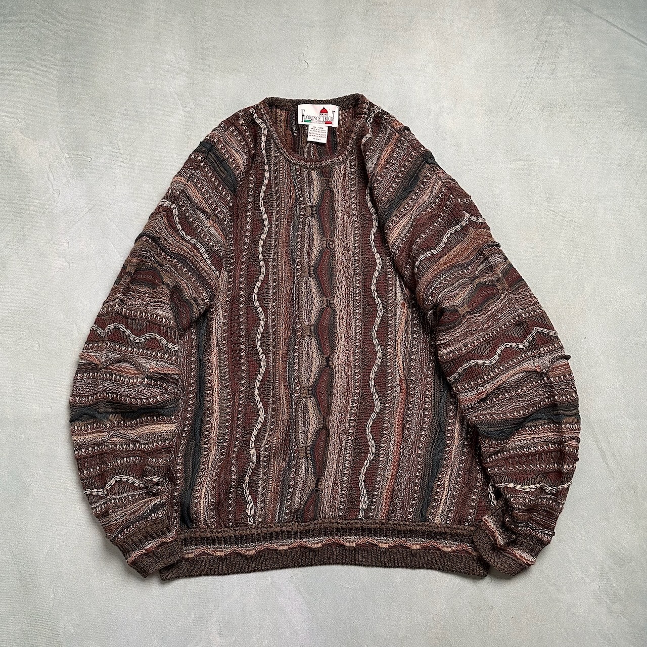 90s ブルガリア製 3Dニット コットンアクリル混紡 総柄 セーター バーガンディベース XL 古着