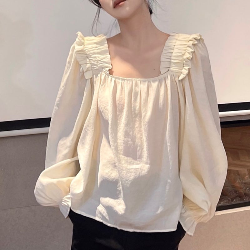 Frill shoulder square neck pullover 3 colors V2767