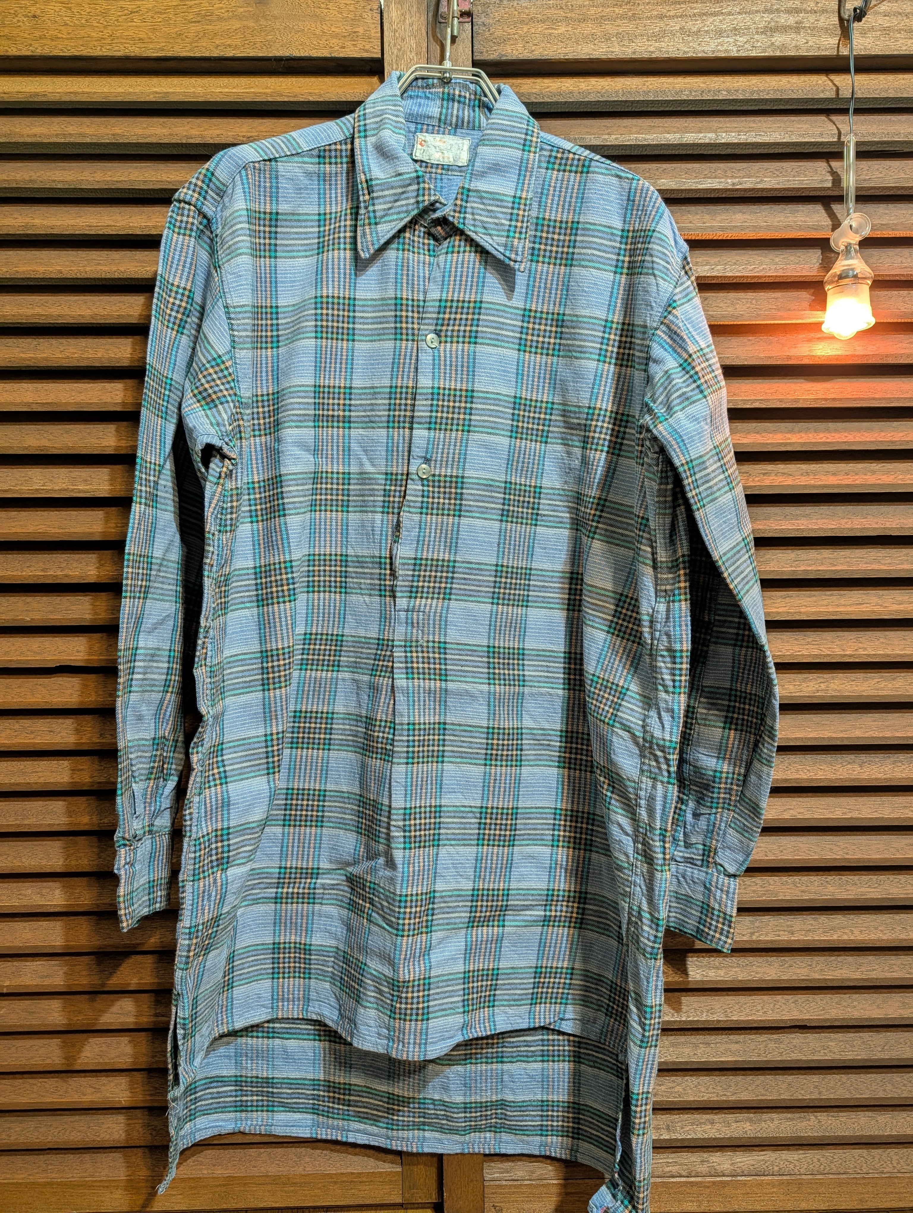 60-70s France Check GrandpaShirt Blue Black