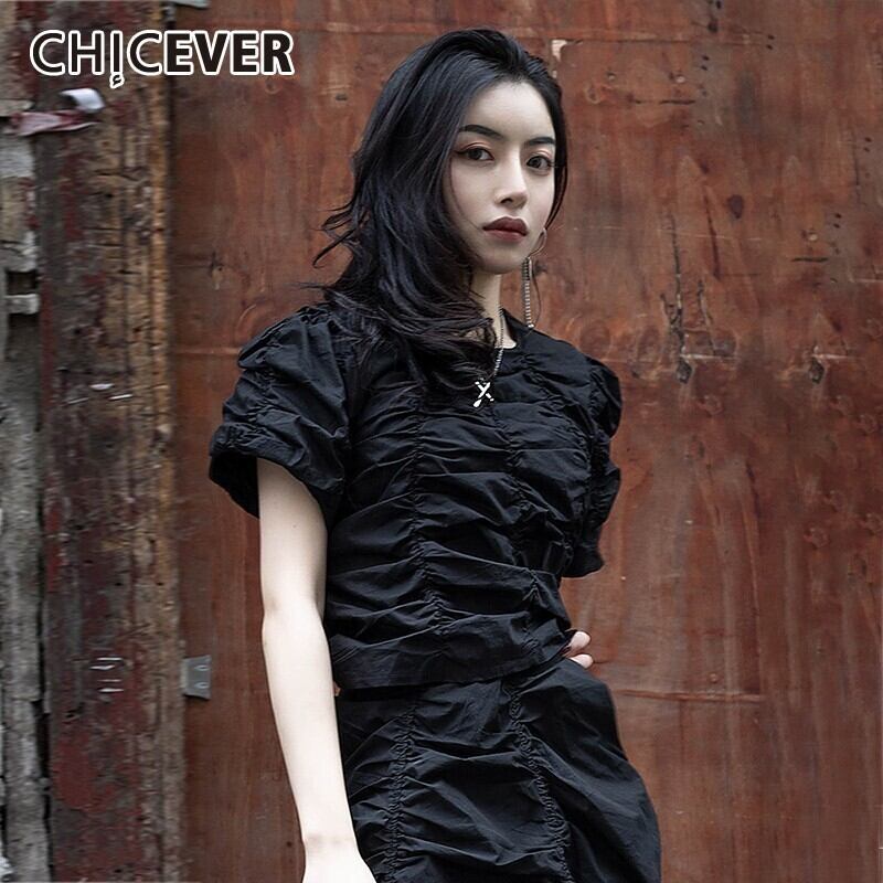 CHICEVERサマーヴィンテージイレギュラードレープソリッドレディースTシャツOネック半袖ルーズスリムトップ2020 ショート ハーフスリーブ 夏物 ソリッドカラー ビンテージ 6base599089739537