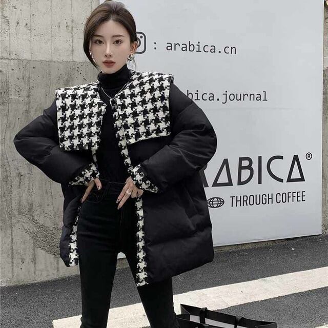 千鳥柄　ミドル丈コート ミドル丈 コート 韓国 スプライシング 千鳥格子 ファッション 大きい