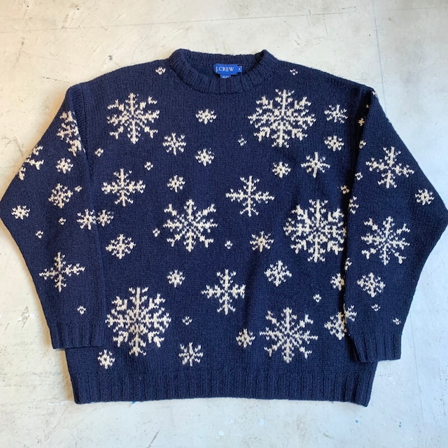 90's~ J.CREW ジェイクルー クルーネックウールセーター スノーフレーク 雪柄 ネイビー 青タグ グッドレギュラー Mサイズ  希少 ヴィンテージ BA-1363 RM1732H