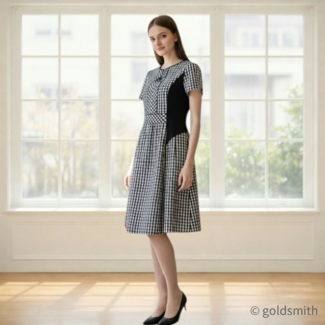 【10%OFFクーポンご利用可】スーパービューティー 半袖ワンピース ギンガムチェック 切替 リボンデザイン 26160197 大人上品 きれいめ ミセス ブラック 2026年春夏 オーラボー Super Beauty レディース