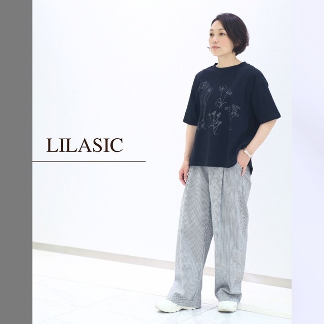 LILASIC/SCCW4181/リラシク/ボタニカルプリントTシャツ/夏トップス/Tシャツレディース/黒T