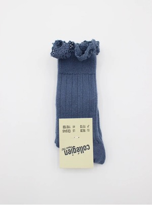 collegien Josephine Lace Trim Knee High Socks bleu cendre