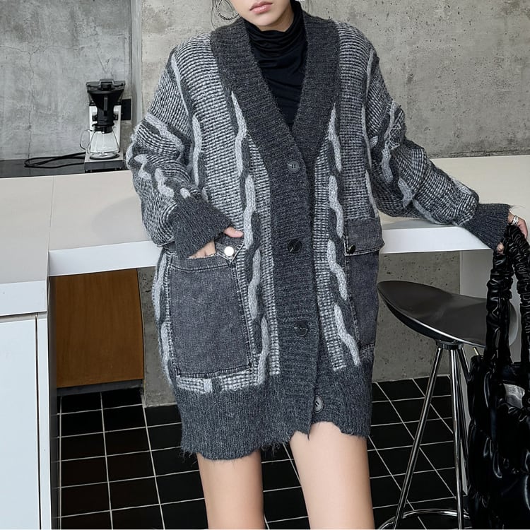 デニムポケット ケーブルニットカーディガン◆2col R30304