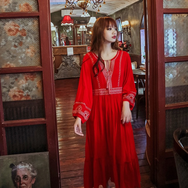 サマースカート エスニックスタイルドレス 薄手レッド 夏物 ビーチ 延命家ファッション4080816