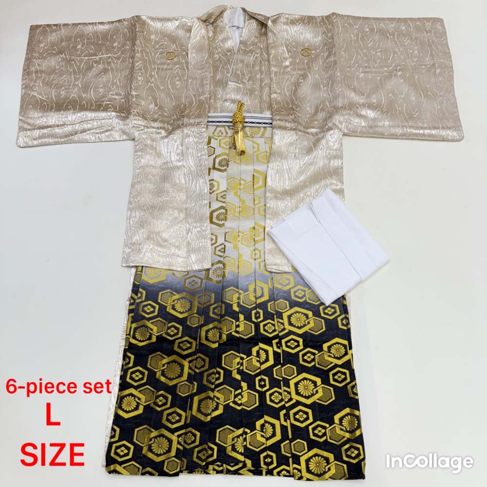 紋付袴 6点セット 着物 羽織 袴 長襦袢 羽織紐 角帯 裄71cm 袴丈89cm L シルバー 五つ紋 中古 4499