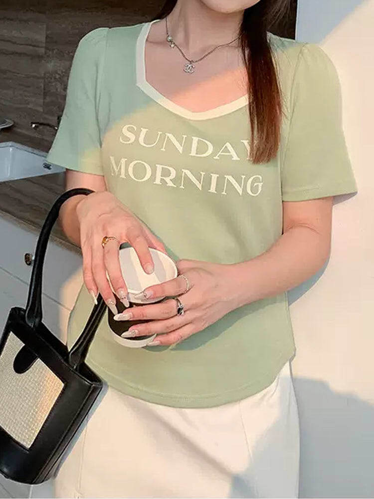 シンプルなのに映える一着 バイカラーフロントロゴカットソー カジュアル 大人かわいい スクエアネック 着回し 人気 大きいサイズ 韓国 CH9235