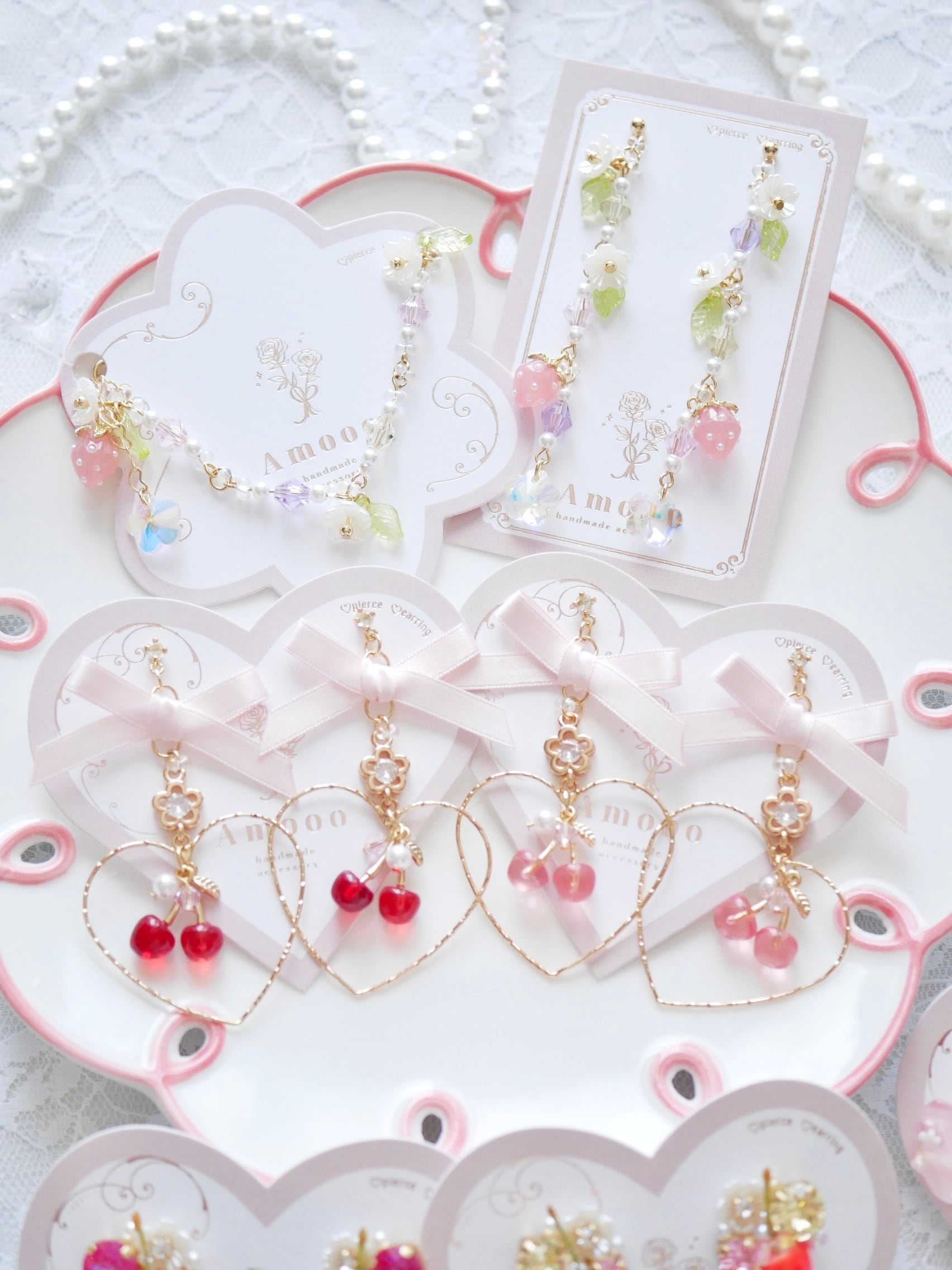 Ado 心臓 イヤリング ピアス ブレスレット 3点 8711 ストロベリーフルールピアス/イヤリング/ブレスレット | Amooo