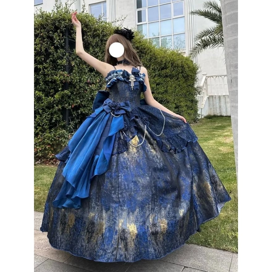 星屑ジャガードパーティドレス（ネイビー／グリーン）ペチコート付き