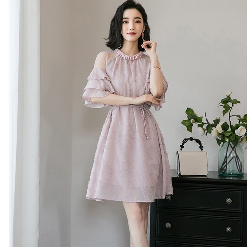 ワンピース ドレス ホルターネック風 袖フリル ミディアム丈 刺繍 レース お呼ばれ シフォン 春夏 レディース　BADB0014