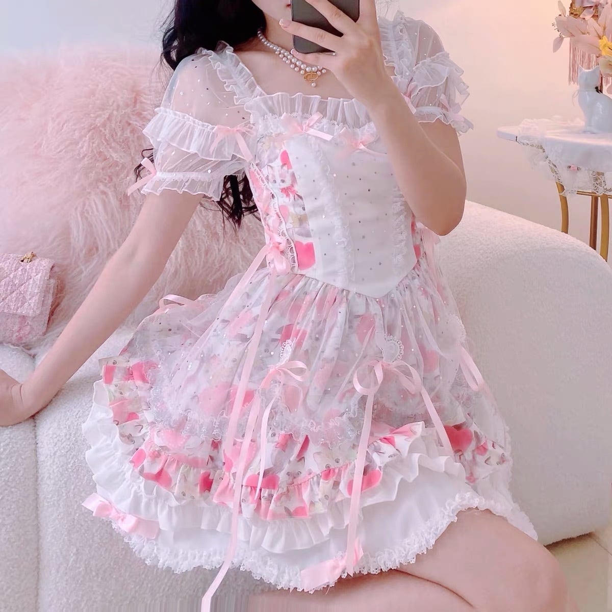 【新品】白×ピンク　チェック　レース  フリフリロリータ　ドレス　ワンピース