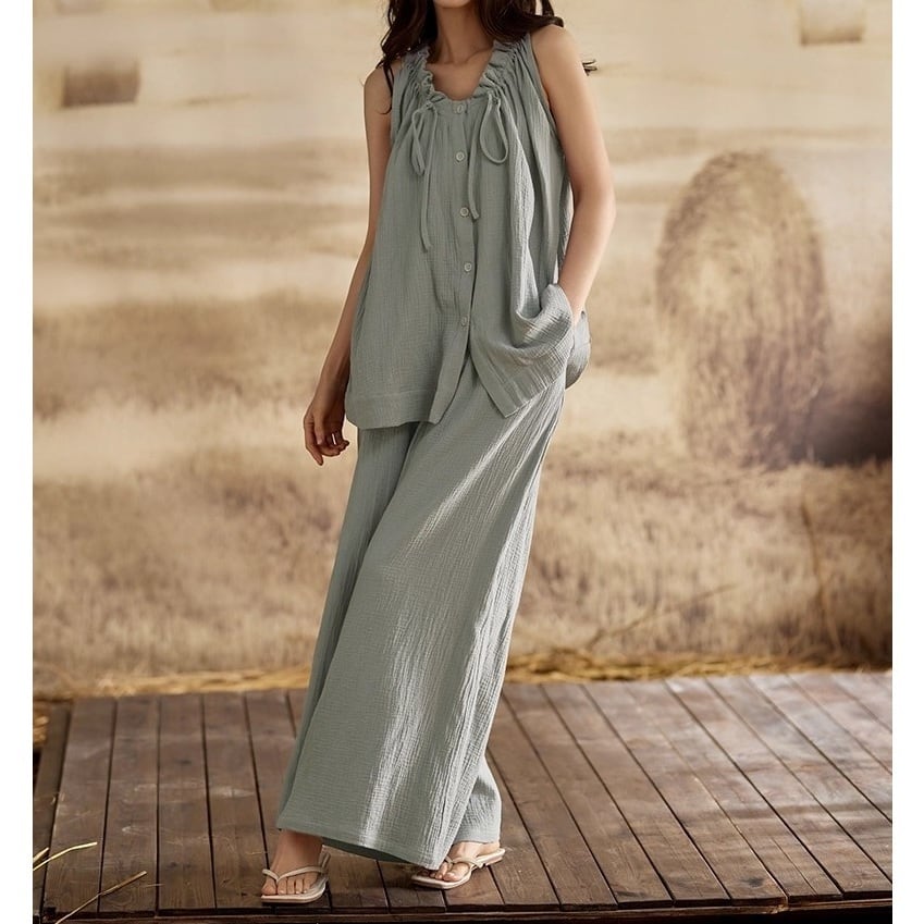 【M-XL】ribbon cotton gather sling wide pants pajamas p1483