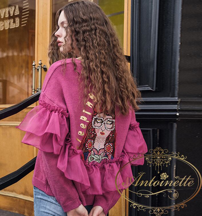 残り僅か 品切れ御免 レディース 古着 好き ヴィンテージ 風 高円寺 下北沢 原宿 コーデ 個性的 秋 冬 羽織物 カーディガン フリル トレーナー トップス ジャージー ピンク Antoinette