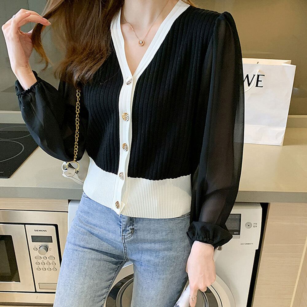 シフォン ニット レディース 春秋 袖切り替え 韓国 トップス きれいめ 大人 かわいい おしゃれ カーディガン パフスリーブ リブニット 透け感 大人可愛い 大人女子