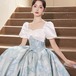 演奏会ドレス レディース パフスリーブ プリンセス リボン バイカラー ツートーン ボリューム ロングドレス マキシ丈 結婚式 カラードレス パーティードレス イブニングドレス かわいい エレガント