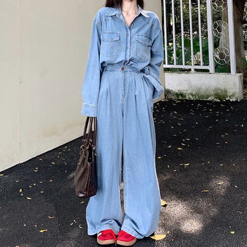 デニムシャツ＆ハイウエストパンツ セット    00108