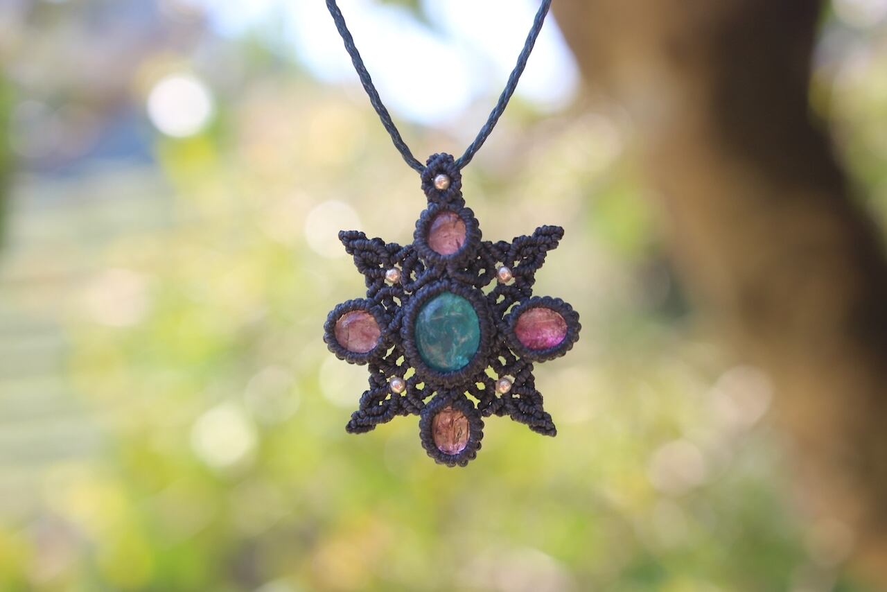 Blue Apatite & Pink Tourmaline micro macrame mandala pendant