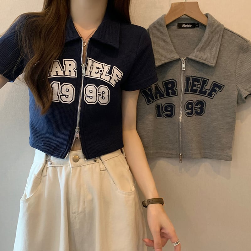 ダブルジップ トップス ロゴプリント スリムフィット ポロカラー