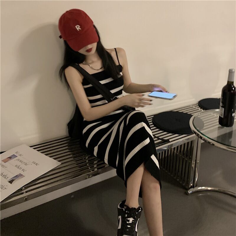 スタイルストライプスリムニットドレス サマーカジュアルロングスカート 大人ガーリー スウィート キュート 夏物 モンロー93301297055