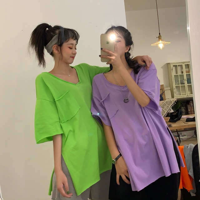 スタイルVネックルーズTシャツ レディースサマーサイドスリットカラーカジュアルトップス 夏物 ケッペル33790819841