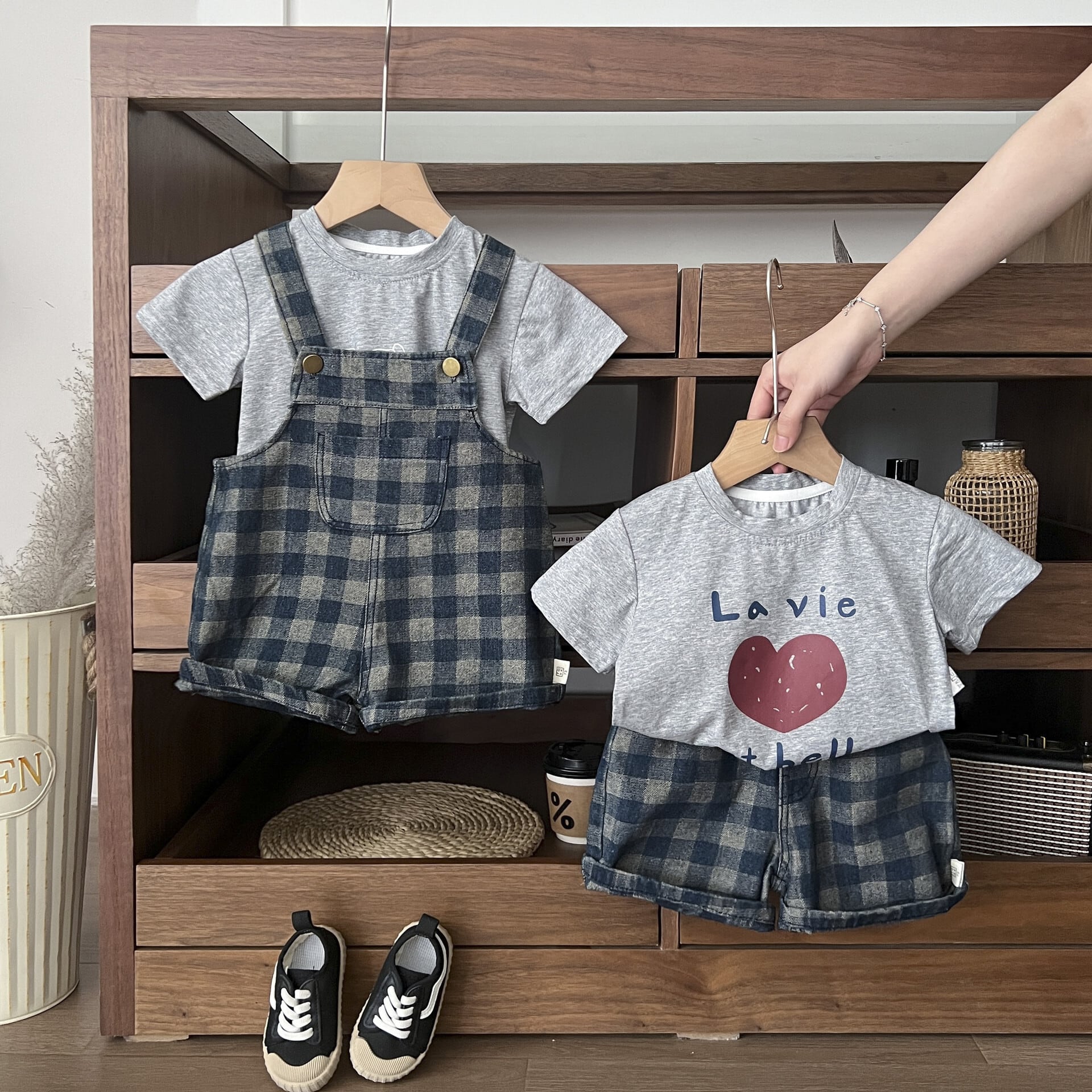 【BABY】韓国風 チェック柄サロペット ショートパンツ シャツ