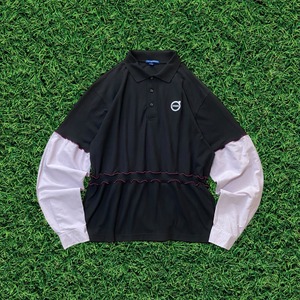 【リメイク古着】再構築mellowフリル個性派企業ロゴ入りポロシャツ ブラック×パープル