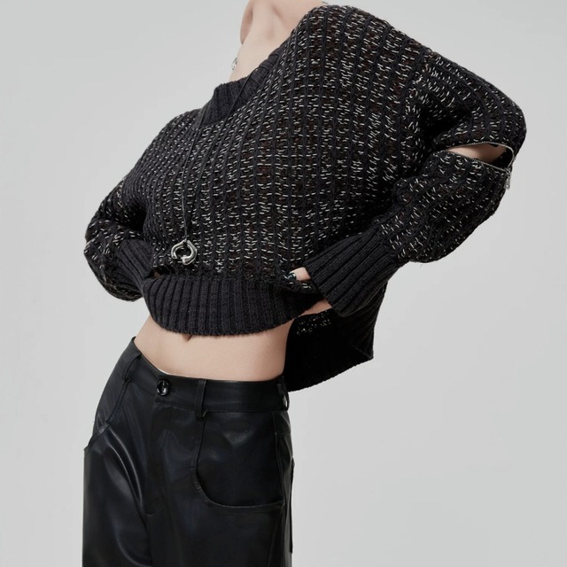 Zip slit sleeve textured knit C1413