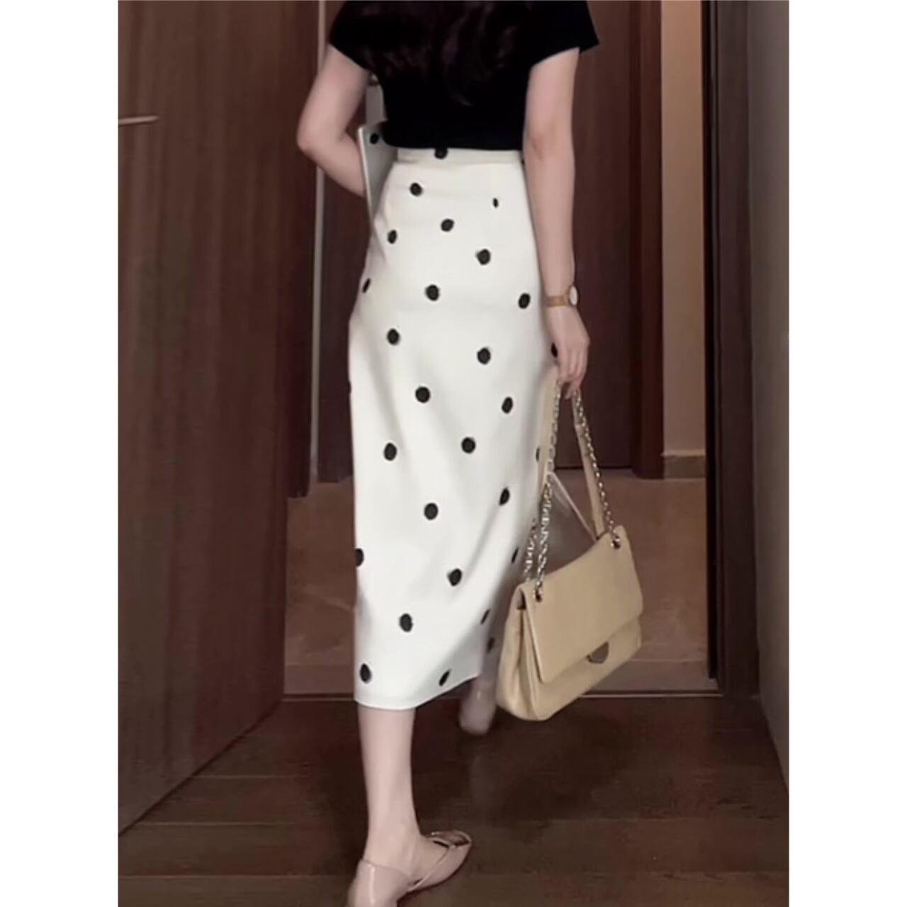 ドット柄 ミモレ丈 スカート 00068
