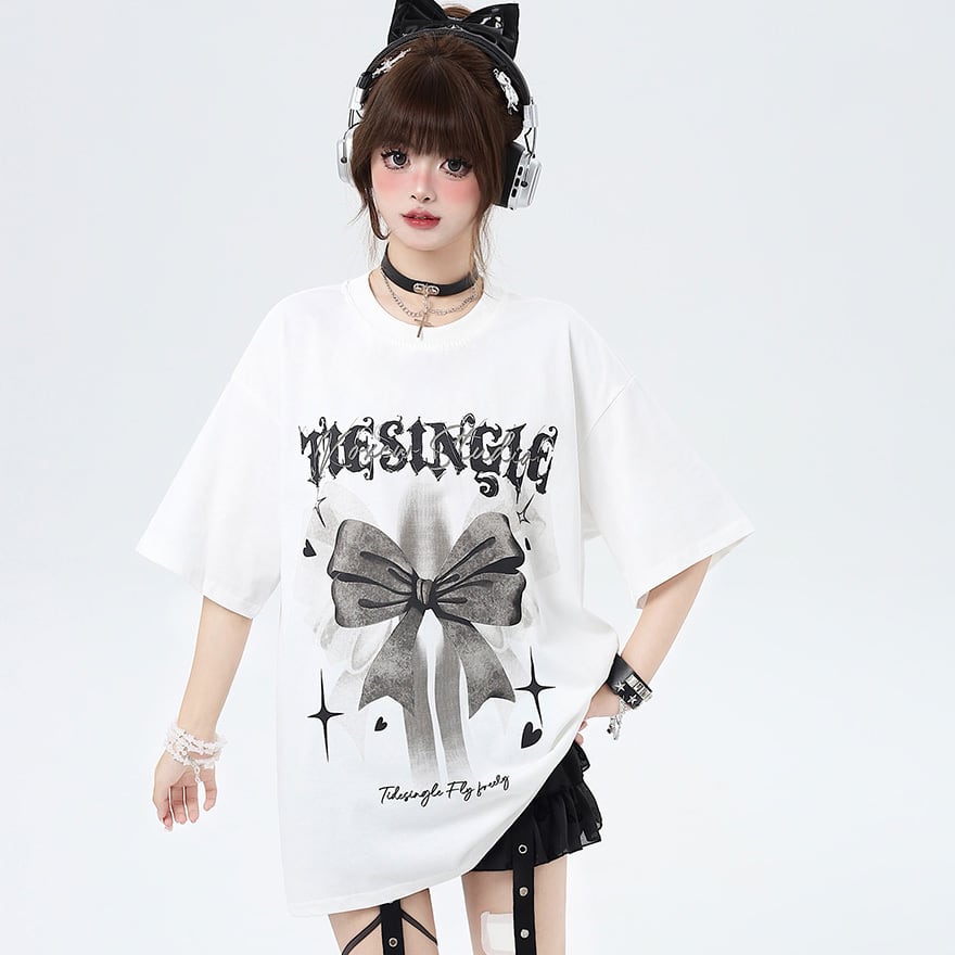 半袖Tシャツ オーバーサイズ ゆったり リボン プリント ルーズ 地雷系