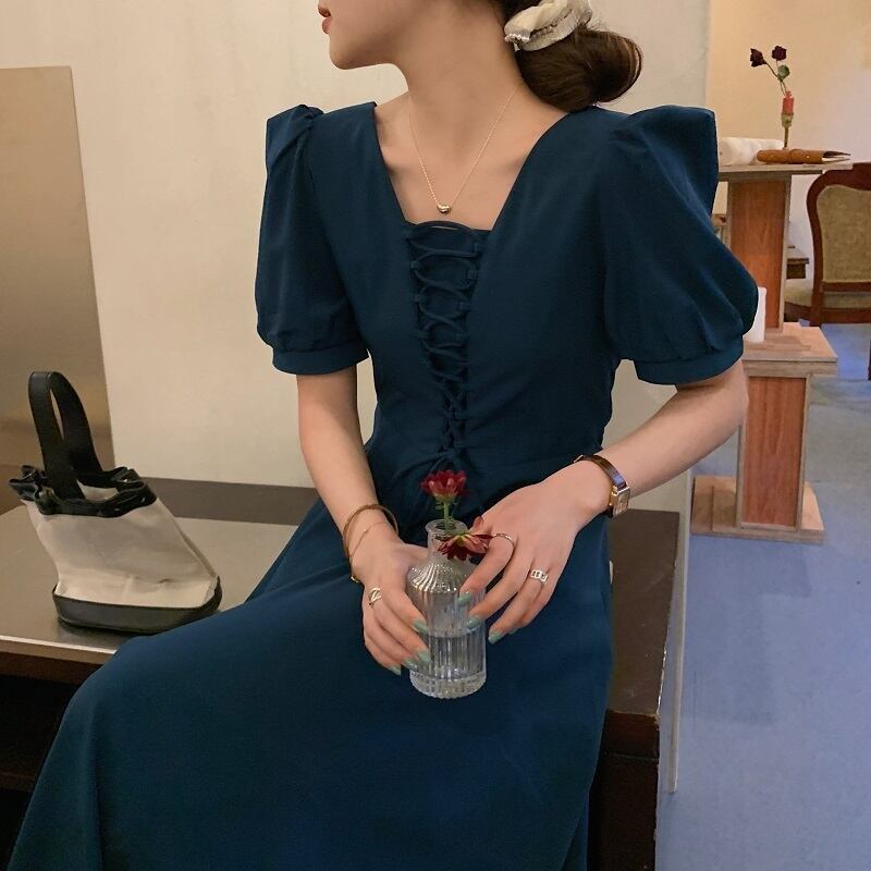 ホルタードレス サマースタイルレーススリムスリーブハイウェストウェストロングスカート 夏物 レースアップ スクウェア ビッグFスモールZ韓国26131898527