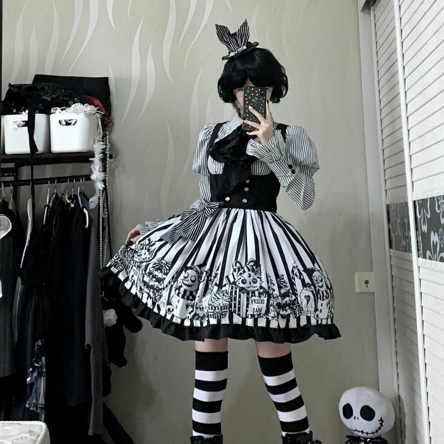ゴスロリ妖怪柄セットアップ JSK シャツ 帽子 リボン 4点セット 予約