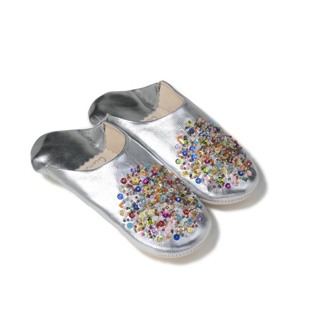 受注生産　シルバー（ミックス スパンコール）レザー バブーシュ スリッパ