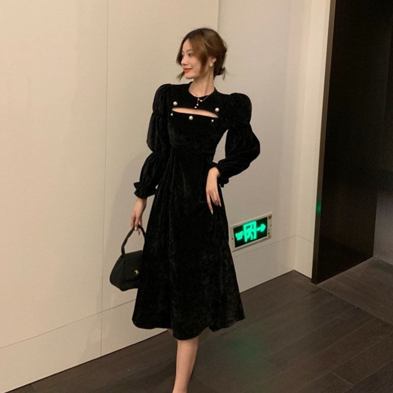 スタンダードブラックドレス スプリングスリーブベルベットスカート ウェストロング レトロ 春物 YY-ファッション56867550825