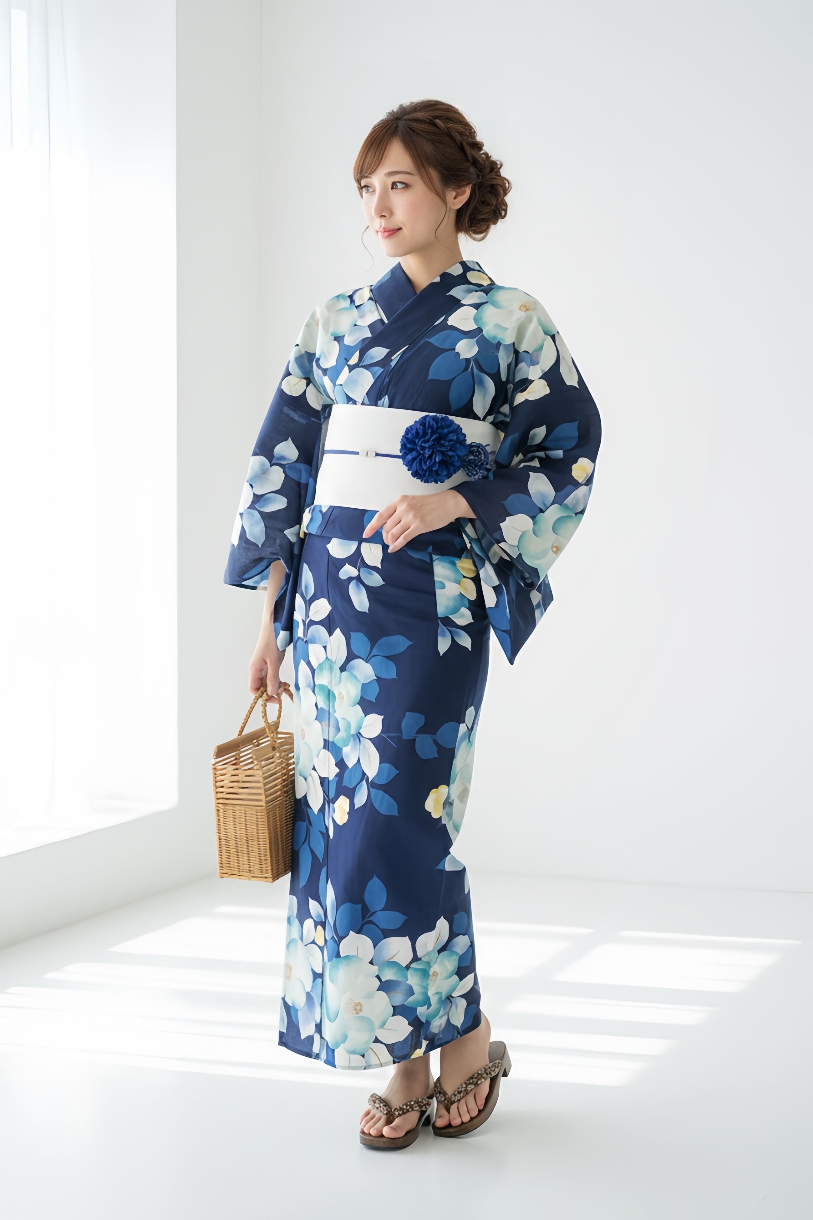 浴衣ジェンヌ 浴衣5点セット 綿 ゆかた 半幅帯 浴衣 紺 ネイビー 水色 青 レディース浴衣