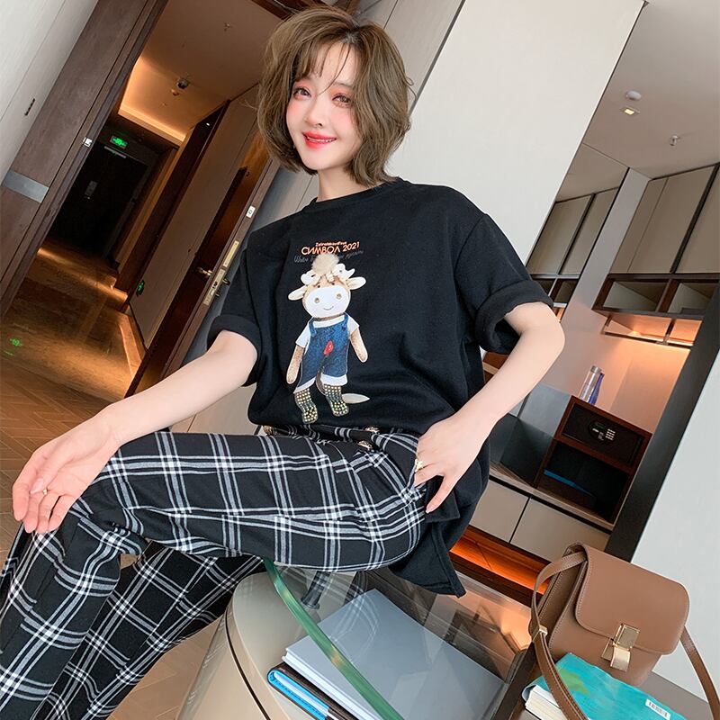 ラウンドネックスタンダードプリント柄ルーズ薄手Tシャツ スプリング レトロ 春物 Oネック MIUCO38250056185