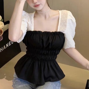 ドットシフォンスリーブドッキングトップス 00221