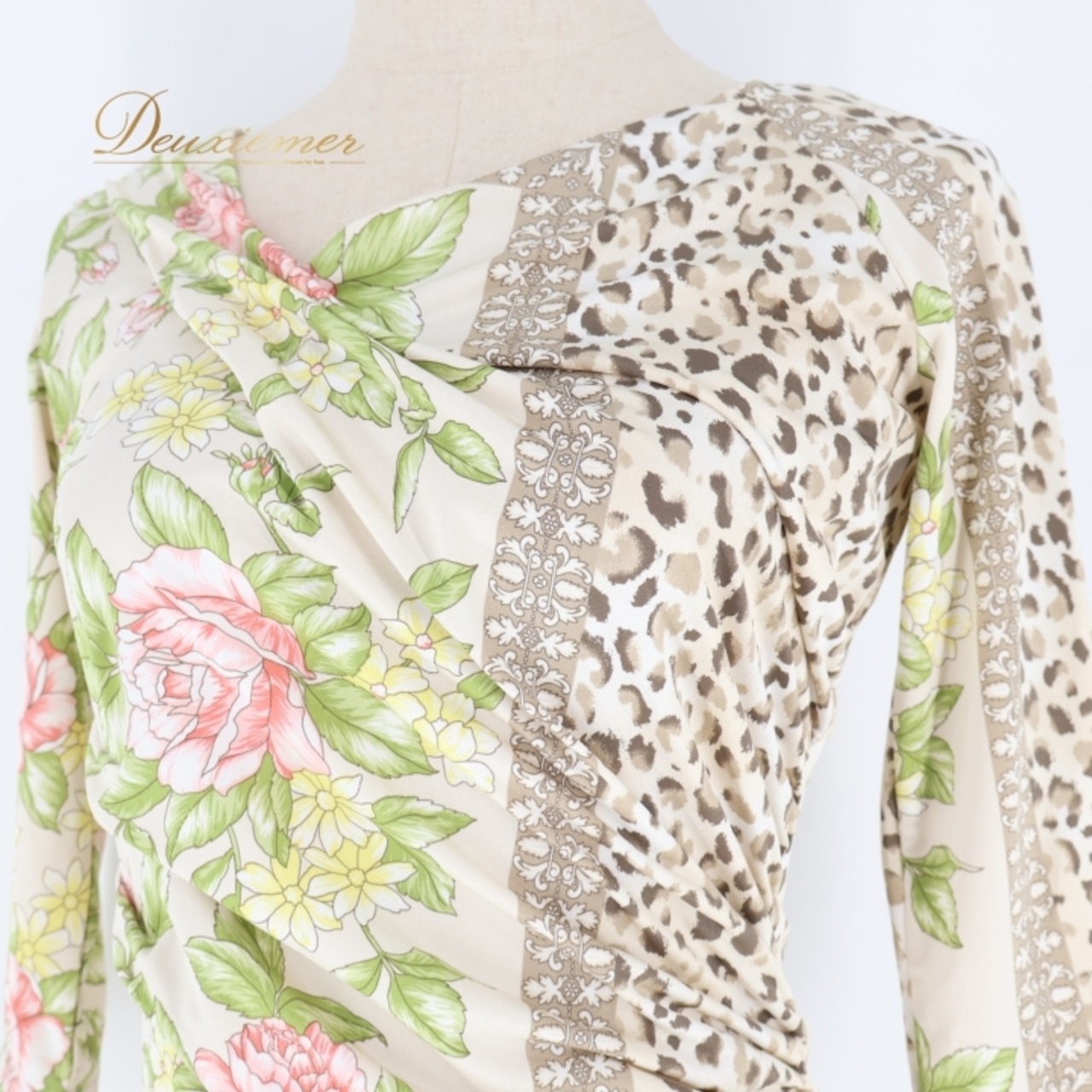社交ダンス 衣装 トップス ブラウス ベージュ系 チャコットロイヤルダンス Chacott ROYAL DANCE 花柄 ヒョウ柄 七分袖 茶 白 伸縮 ストレッチ 練習 レッスン 華やか 日本製 かわいい ブラウン系 ホワイト系 ピンク系 イエロー系