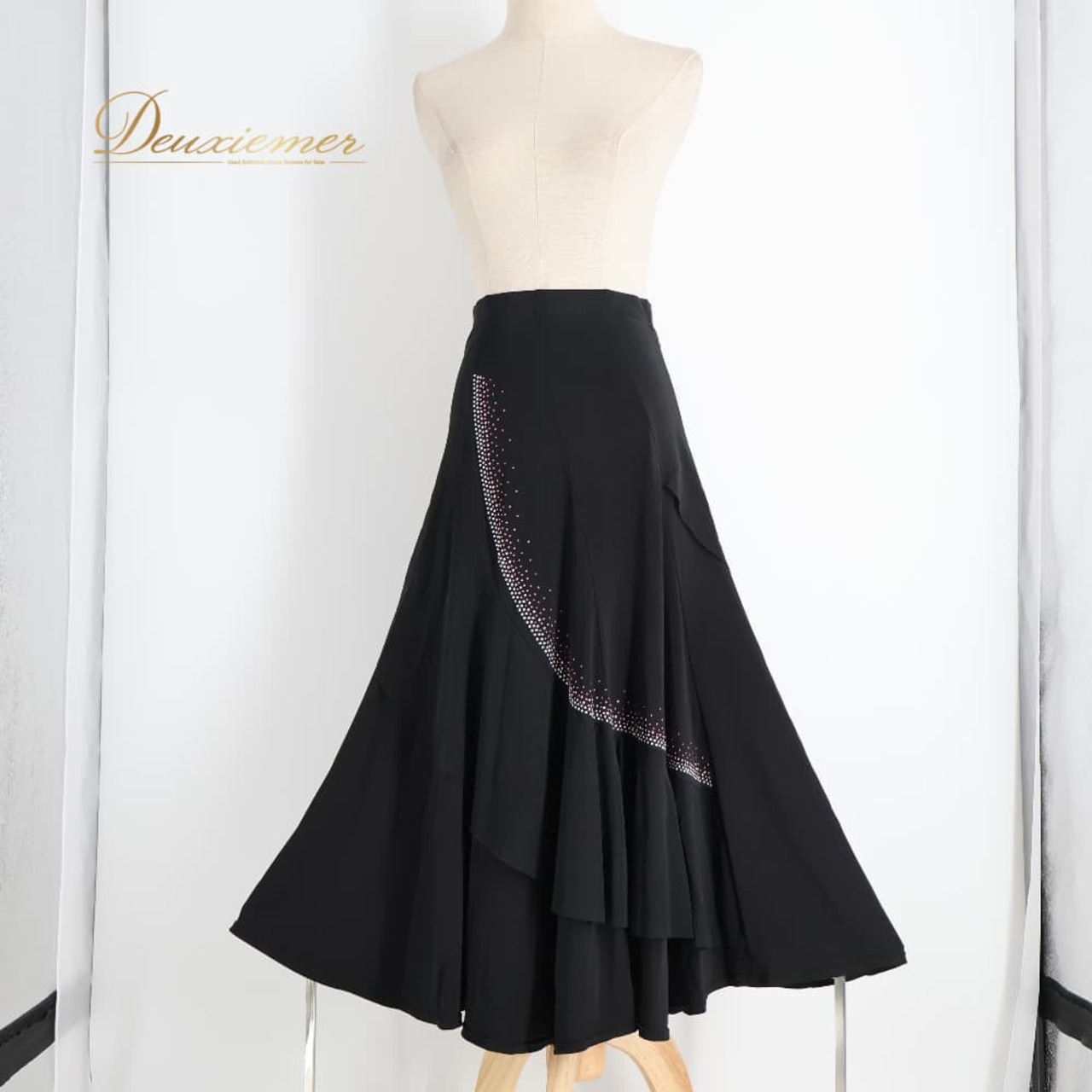 社交ダンス 衣装 prima boutique プリマブティック スカート レッスンウェア ブラック系 ラインストーン キラキラ 練習 レッスン 黒 伸縮 ストレッチ 上品 レース フリル ダンス衣装 イベント ステージ パーティー レディース